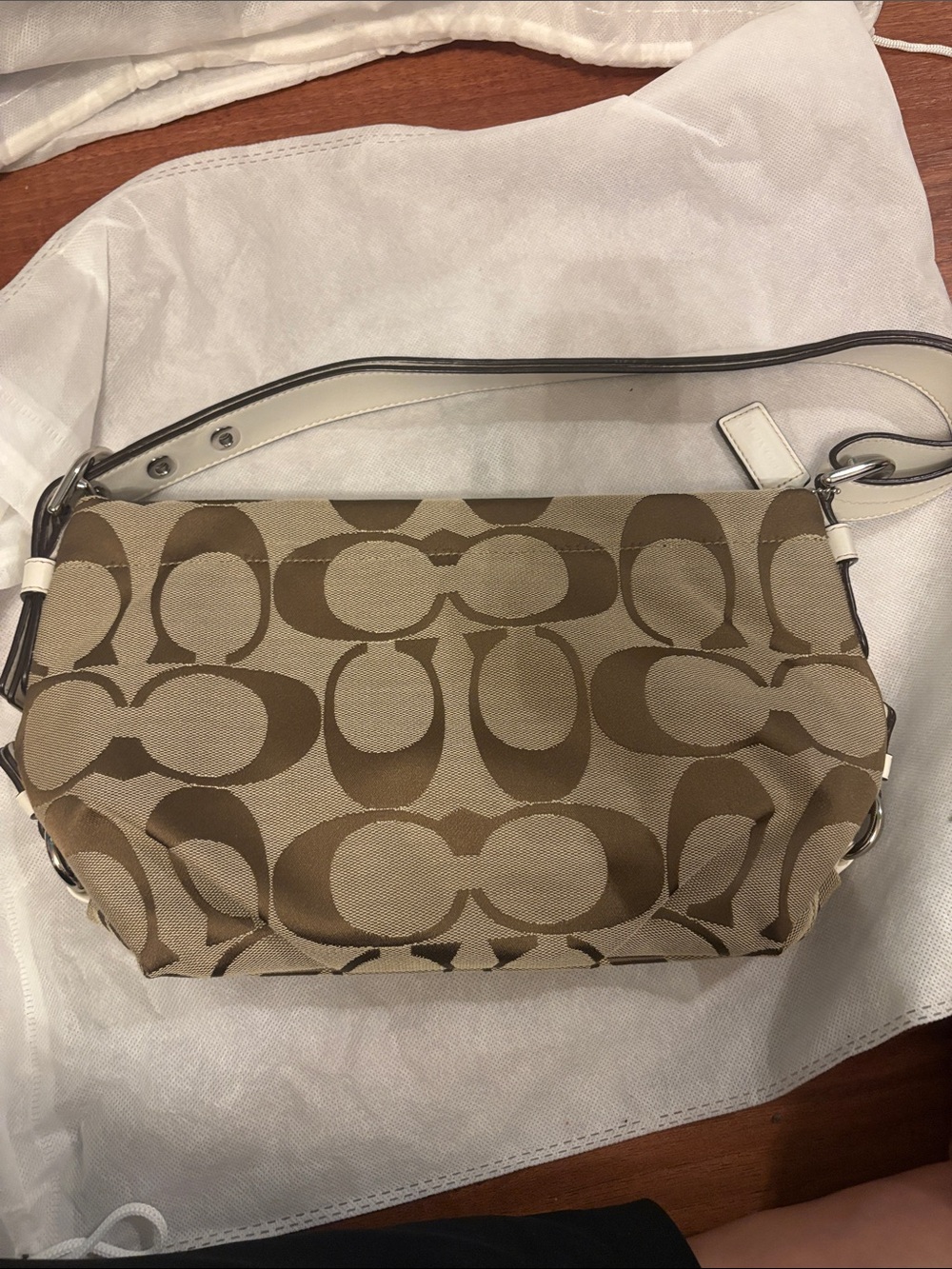 Coach Signature Canvas Shoulder Bag in Tan and Ivory